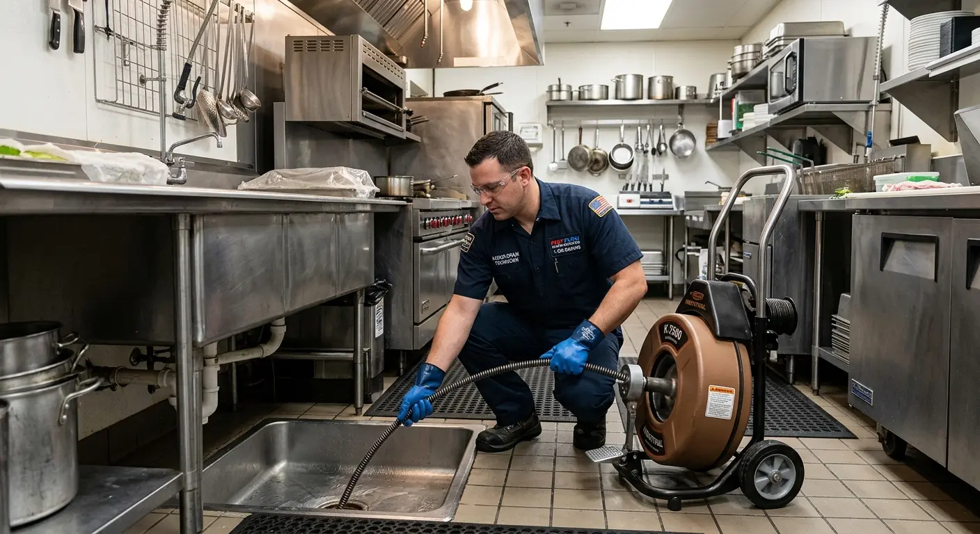 Commercial drain cleaning service in a restaurant kitchen in Duncan