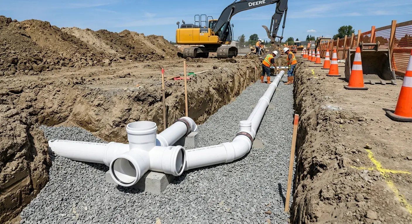 New PVC sewer pipe installation in open trench for Commercial Drain Cleaning in Duncan