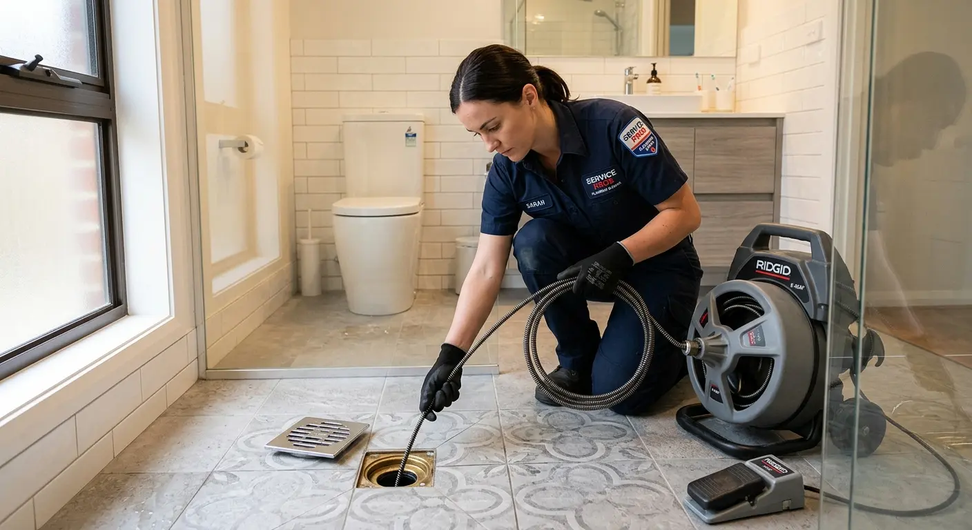 Technician clearing a bathroom floor drain for Hydro Jetting in Duncan